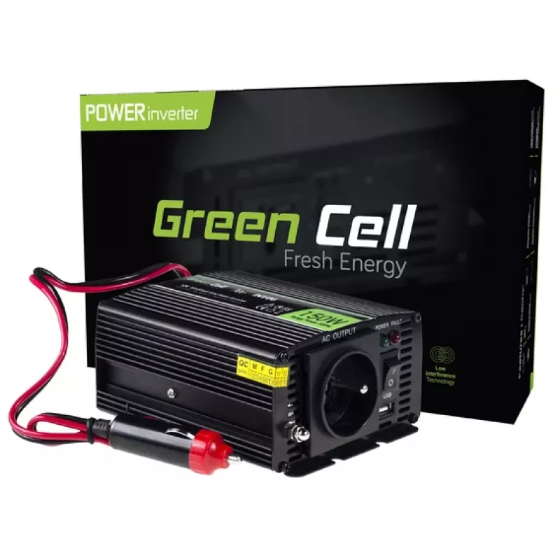 Inverter Green Cell INV06 12V į 230V 150W 50Hz C tipo kištukas, 85% efektyvumas, juoda