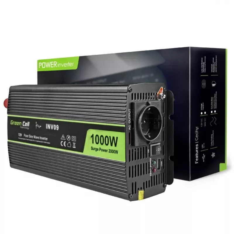 Green Cell INV09 automobilinis keitiklis 12V į 230V 1000W grynas sinusas juodas
