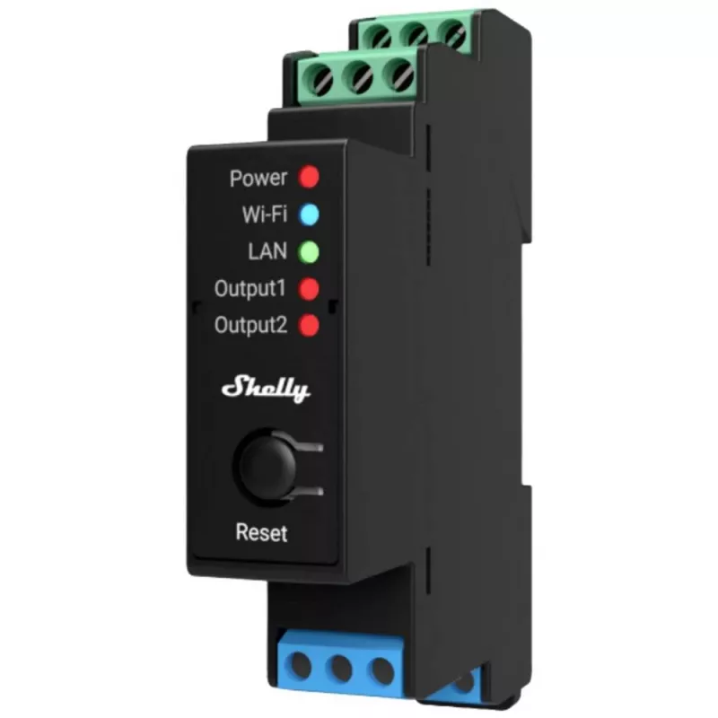 Shelly Pro 2PM – 2 kanalų išmanioji relė su energijos matavimu, Wi-Fi, LAN ir Bluetooth, 25A