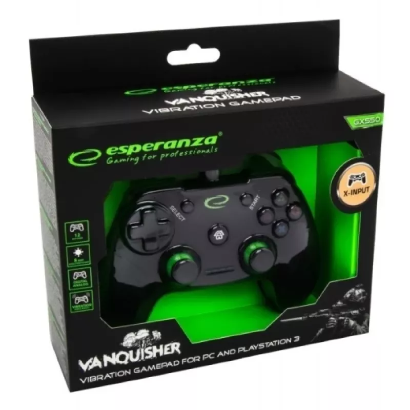 Žaidimų pultas ESPERANZA EGG110K laidinis USB su vibracija, 12 mygtukų, 1,5 m laidas – PC ir PS3