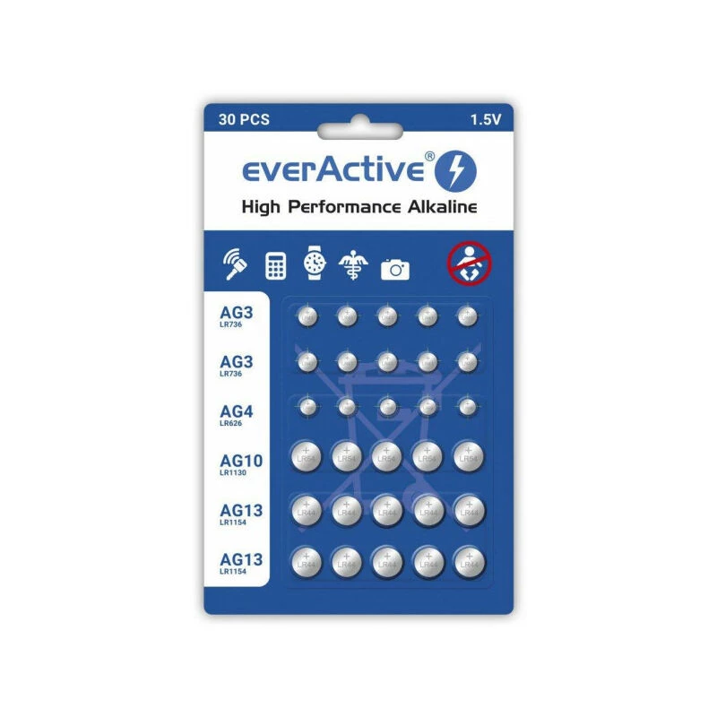 Šarminės baterijos everActive AGMIX30BL 1,5 V – 30 vnt. monetinės/plokščios
