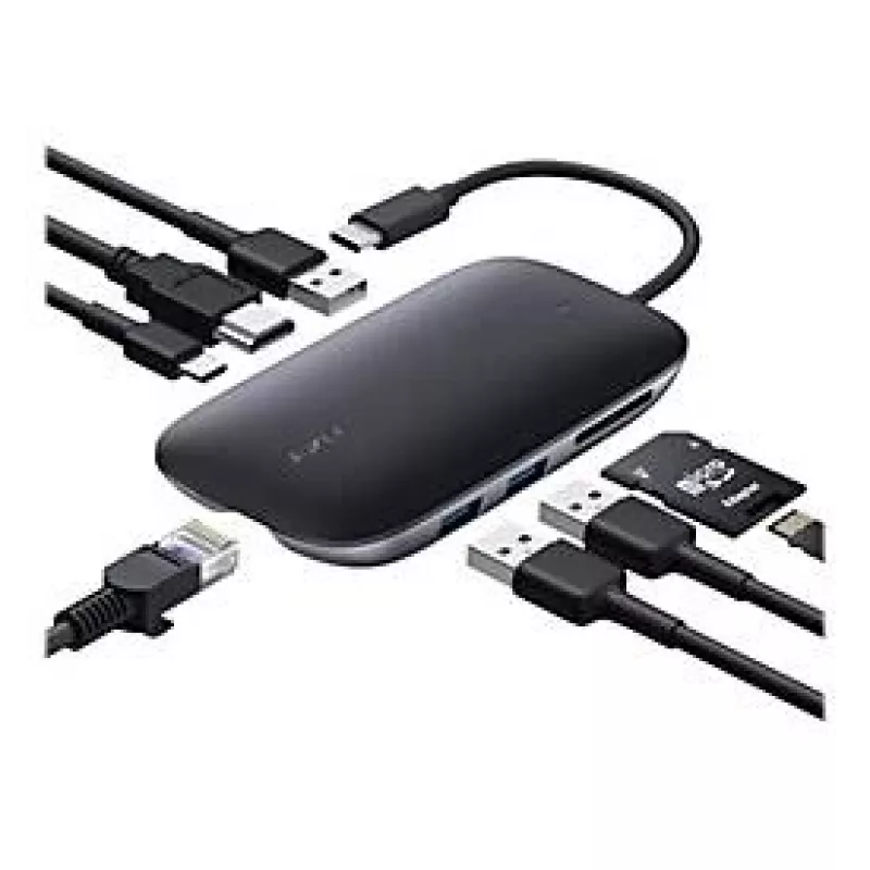 Dokavimo stotelė nešiojamam kompiuteriui AUKEY CB-C71 — 3x USB-C (USB 3.2 Gen1), HDMI, RJ-45, MicroSD, USB PD 100W, 0,15 m laidas, juoda