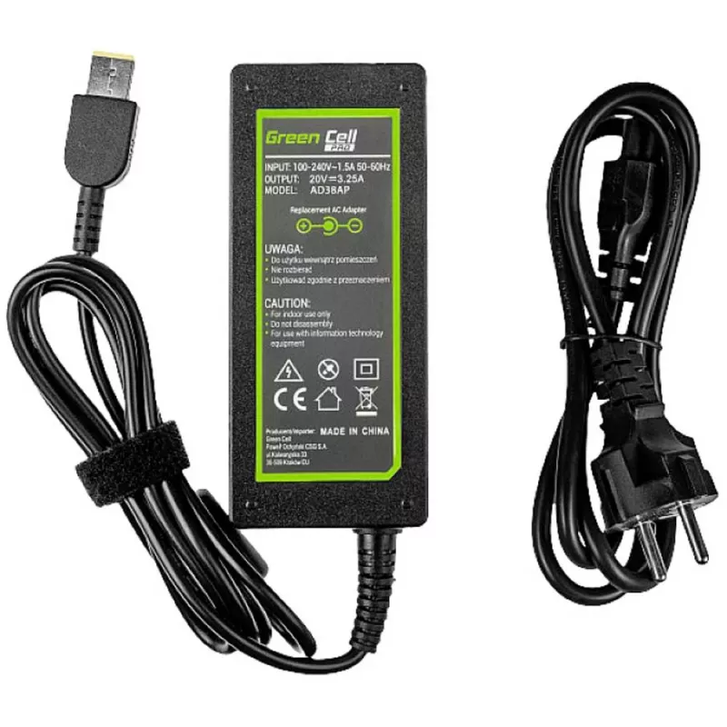 Maitinimo adapteris Green Cell AD38AP 65W, skirta Lenovo nešiojamiesiems kompiuteriams, 20V 3,25A, 1,2 m laidas, juodas