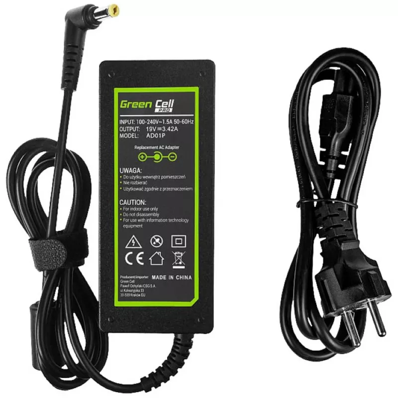 Maitinimo adapteris Green Cell AD01P — 60 W, 19 V 3,42 A, nešiojamojo kompiuterio maitinimo šaltinis, juodas