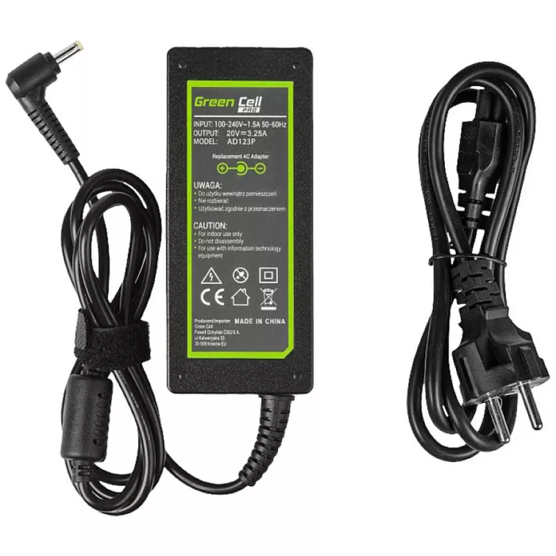 Maitinimo adapteris Green Cell AD123P 65 W 20 V 3,25 A, skirtas Lenovo, vidaus naudojimui, juodas, 2 m laidas