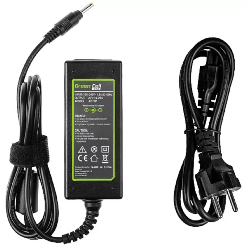 Maitinimo adapteris Green Cell AD76P 45W, skirtas Lenovo nešiojamiesiems kompiuteriams, 20V 2.25A, AC-DC, 100–240V įėjimas, juodas