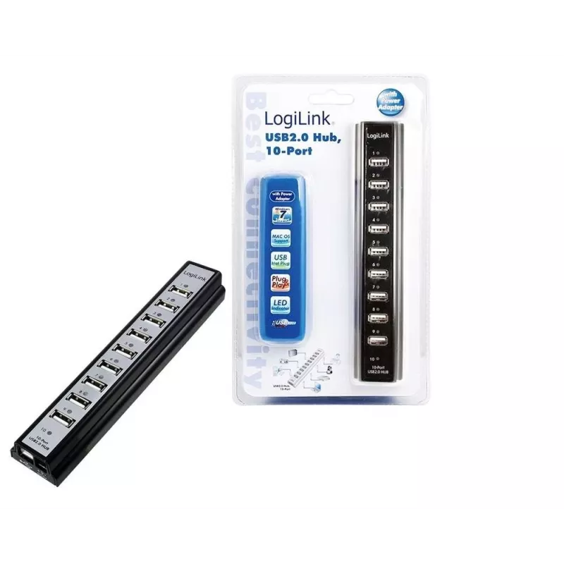 LogiLink UA0096 USB 2.0 šakotuvas, 10 prievadų, 480 Mbit/s, juodas