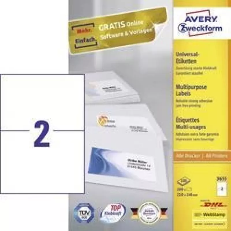 Avery 3655 lipnus etiketės stačiakampės nuolatinės baltos 200 vnt