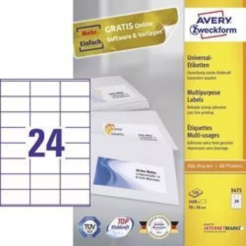 Avery lipdukai įvairiems tikslams lazeriniams ir rašaliniams spausdintuvams, 24 vnt. lape, 70x36 mm