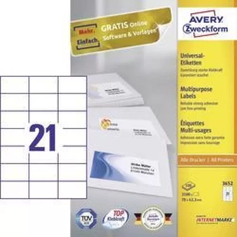 Avery etiketės – baltos – 42,3 x 70 mm – 2100 etikečių (100 lapų x 21) (3652)