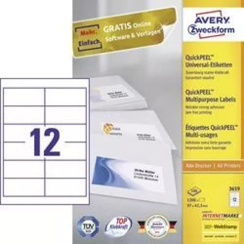 Avery 3659 lipnūs etikečių lapai, stačiakampiai, nuolatiniai, balti, 1200 vnt.