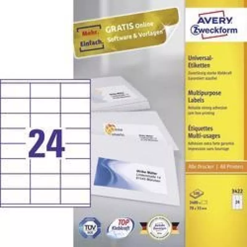 Universali etiketė 70x35mm rašaliniam ir lazeriniam spausdintuvui, kopijavimo aparatui, A4, 100 lapų, 2400 vnt., balta