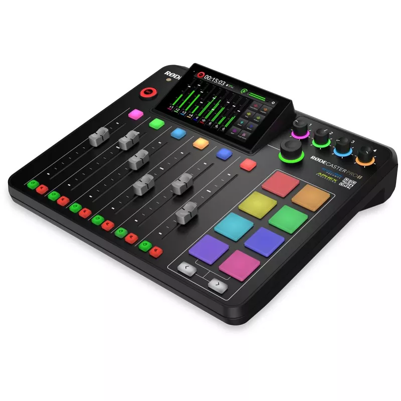 Studijos valdiklis RØDE Caster Pro II juodas – 4 XLR/TRS kombinuotos jungtys, 4 ausinių išėjimai, 8 pagalvėlės, jutiklinis ekranas, Wi‑Fi, Bluetooth, USB‑C