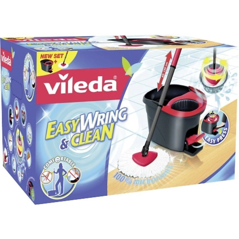 Vileda EasyWring & Clean Turbo šluota su kibiru, raudonas technopolimerinis kibiras, nuimama skalbiama mikropluošto galvutė, kietoms grindims