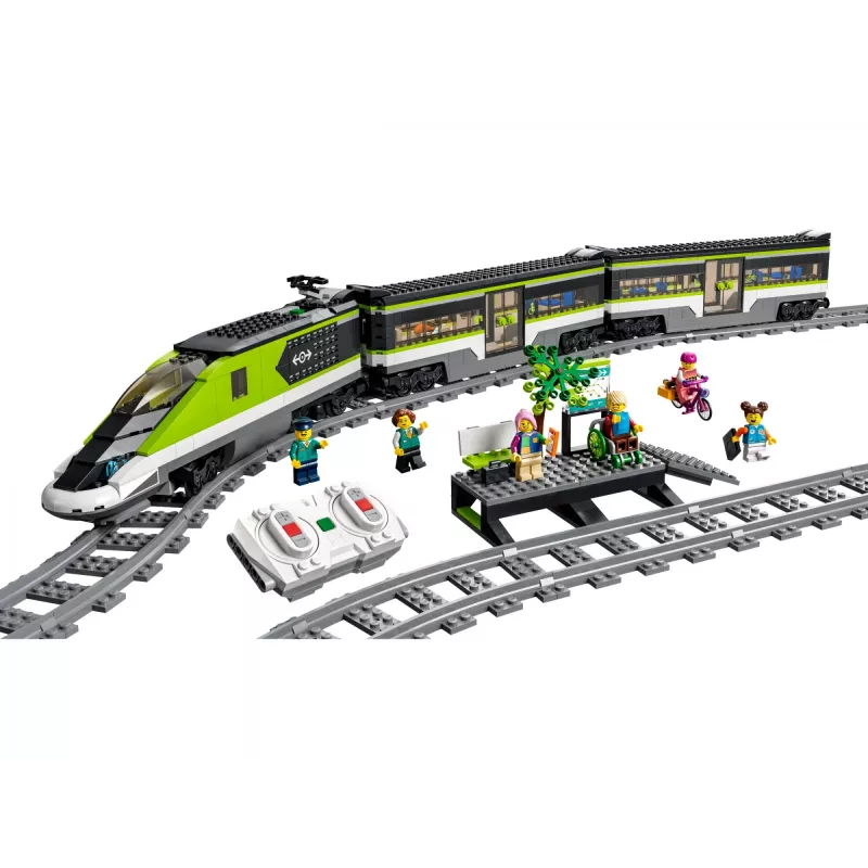 LEGO City 60337 Express keleivinis traukinys su nuotolinio valdymo pultu, žaislas vaikams, berniukams ir mergaitėms, su veikiančiais priekiniais žibintais, 2 vagonais ir 24 bėgių dalimis
