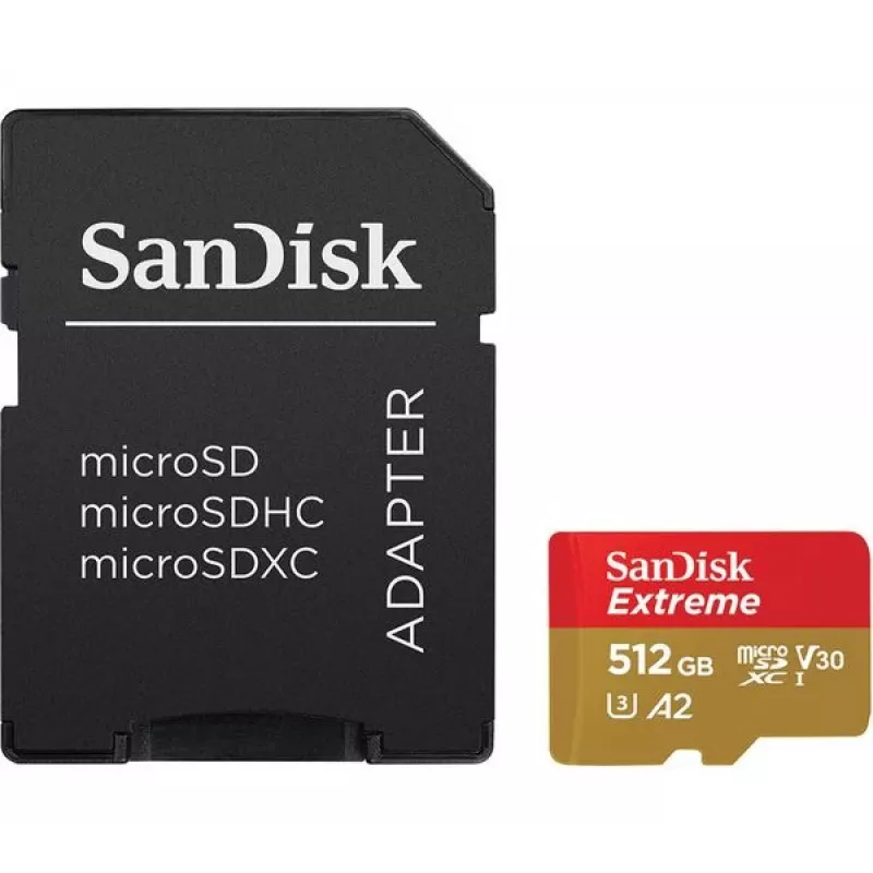 „SanDisk Extreme“ 512 GB microSDXC atminties kortelė UHS-I A1 V30 U3 10 klasė, skaitymas 190 MB/s, rašymas 130 MB/s, su SD adapteriu