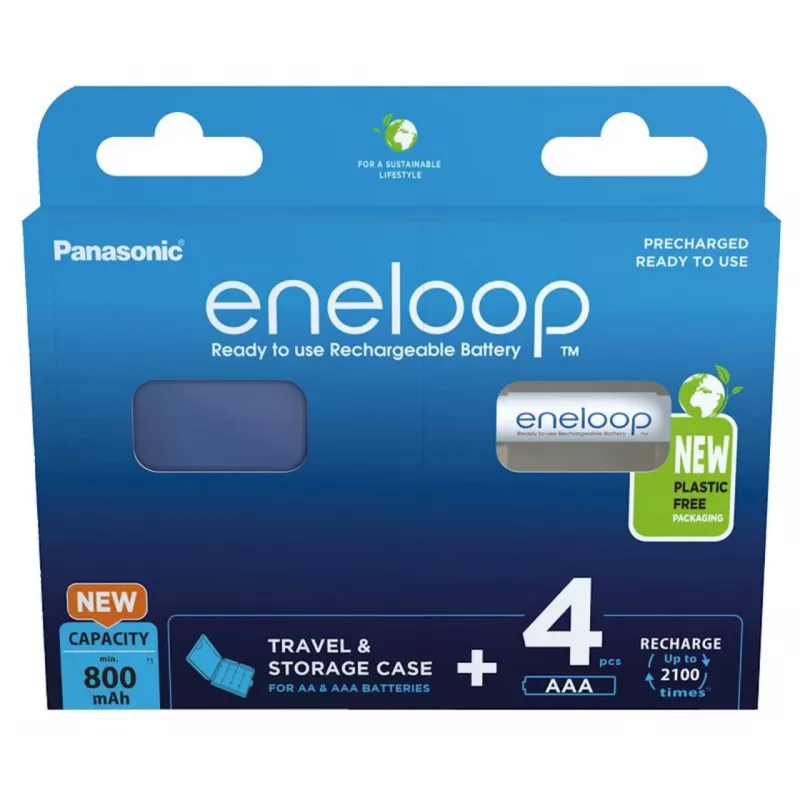 Įkraunamos baterijos PANASONIC ENELOOP AAA 800 mAh 4 vnt. + dėklas (BK-4MCDE/4CP+CASE)
