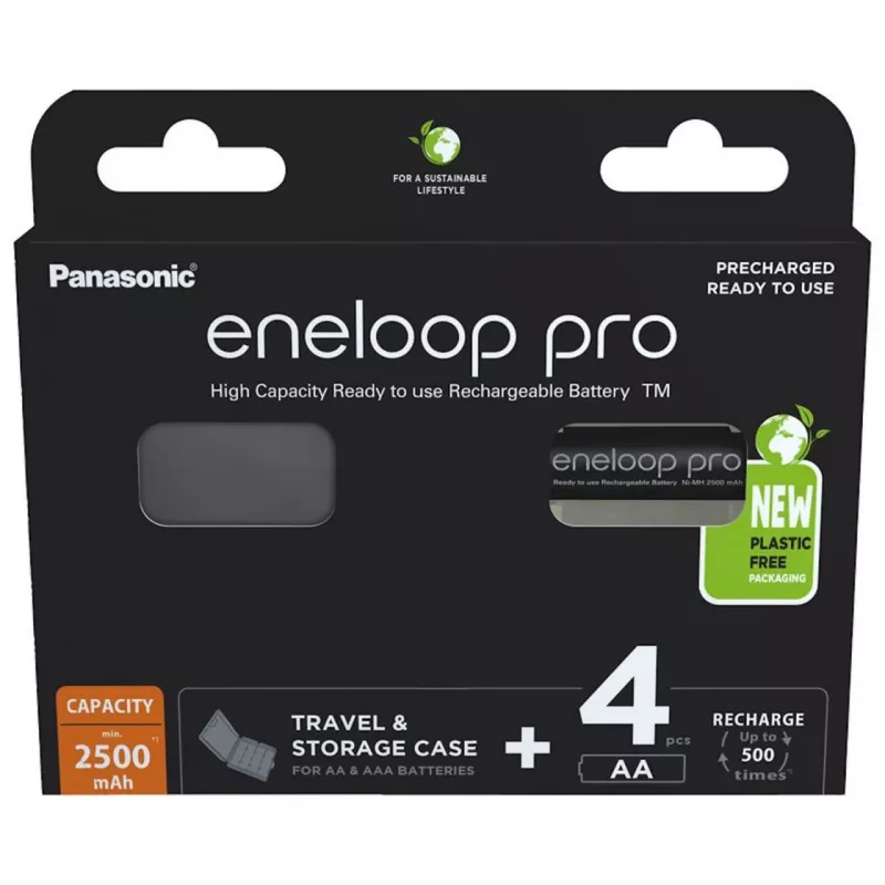 Įkraunamos baterijos PANASONIC ENELOOP PRO AA 2500 mAh 4 vnt. + dėklas (BK-3HCDE/4CP+CASE)