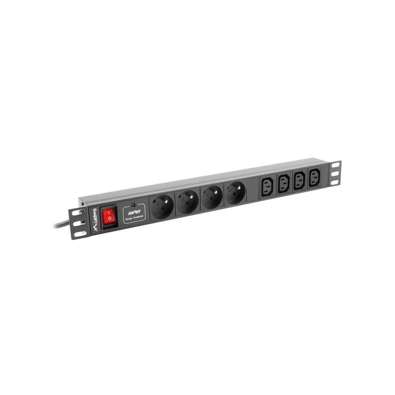 LANBERG PDU-04E04I-0200-BK maitinimo skirstytuvas 4× C13, 16 A, 220–250 V, 2 m laidas, 1U horizontalus, juodas