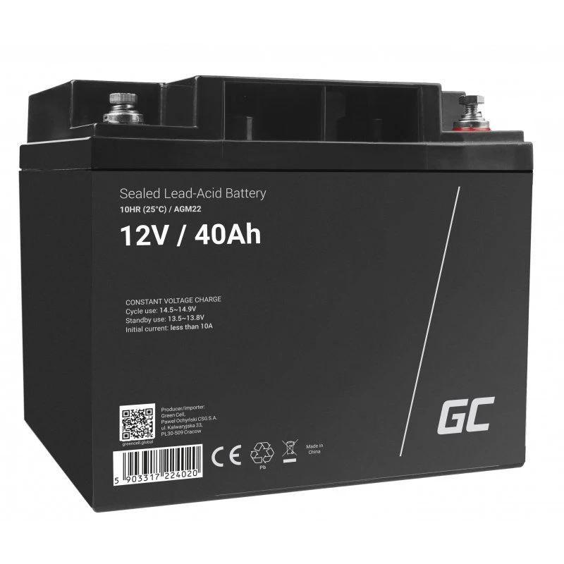 UPS baterija Green Cell AGM22 — Sandarus švino rūgšties akumuliatorius 12V 40Ah (VRLA), 170×165×197 mm, 12,1 kg