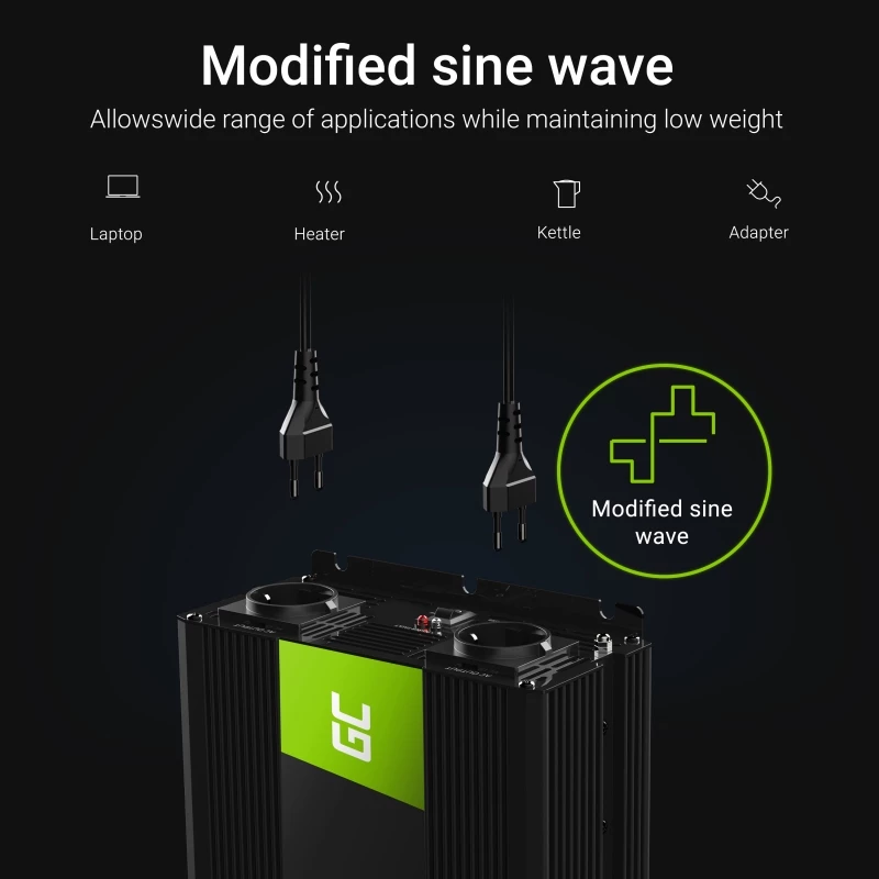 Automobilinis keitiklis Green Cell INV10 2000 W, 12 V DC į 230 V AC, C tipo lizdas, 50 Hz, juodas