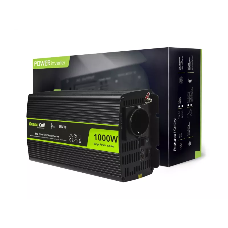 Inverteris Green Cell INV18 – nuolatinės srovės 24 V į kintamą 230 V, 1000 W, gryna sinusinė banga