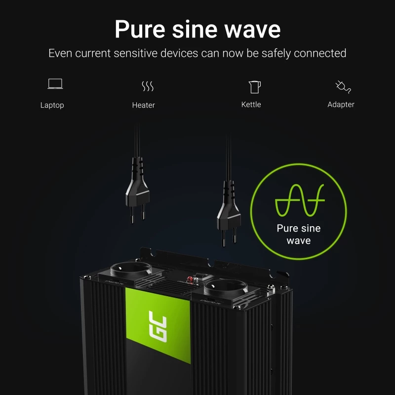 Automobilinis keitiklis Green Cell INV21 6000 W, 24V DC į AC, 230V išėjimas, 2x USB PD, aktyvus aušinimas, nuimamos DC jungtys, juodas