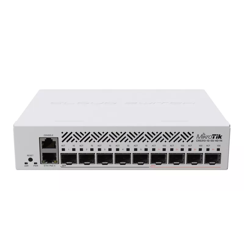 Valdomas L3 tinklo jungiklis MikroTik CRS310-1G-5S-4S+IN — 1U, 1x Gigabit, 5x SFP, 4x SFP+, 10G, DC/PoE 18–57V, 20W maks.