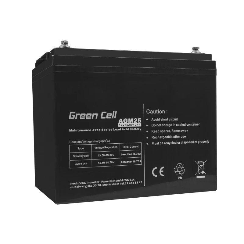 Neprižiūrimas švino rūgšties UPS akumuliatorius Green Cell AGM25 12 V 75 Ah, VRLA, 21,3 kg