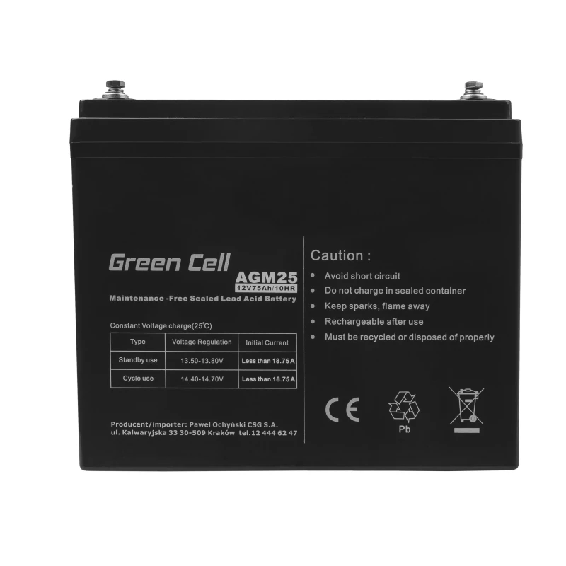 Neprižiūrimas švino rūgšties UPS akumuliatorius Green Cell AGM25 12 V 75 Ah, VRLA, 21,3 kg