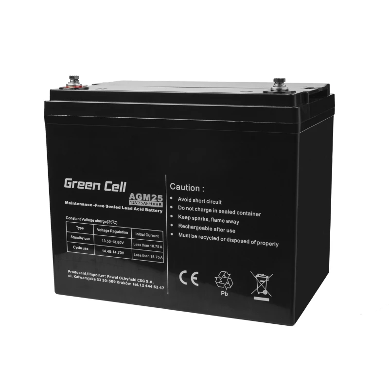 Neprižiūrimas švino rūgšties UPS akumuliatorius Green Cell AGM25 12 V 75 Ah, VRLA, 21,3 kg