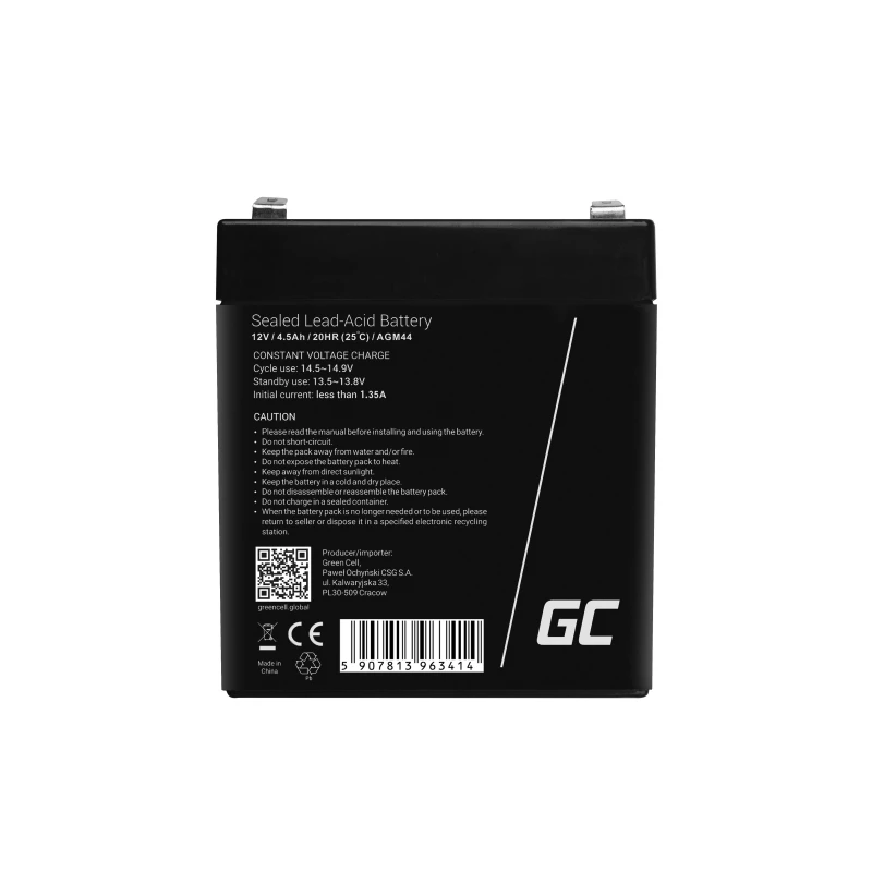 UPS baterija Green Cell AGM44 — 12 V 4,5 Ah sandarioji švino rūgšties (VRLA), 101×70×90 mm, 1,35 kg, juoda