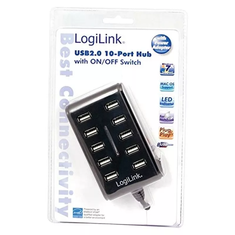 Logilink UA0125 USB šakotuvas 10 prievadų USB 2.0 su maitinimo adapteriu 3,5 A