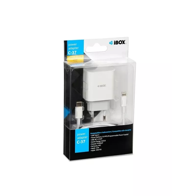 Vidinis USB Type-C greitasis įkroviklis IBOX C-37, 20W, USB-C PD 3.0, 3 A išėjimas, Baltas