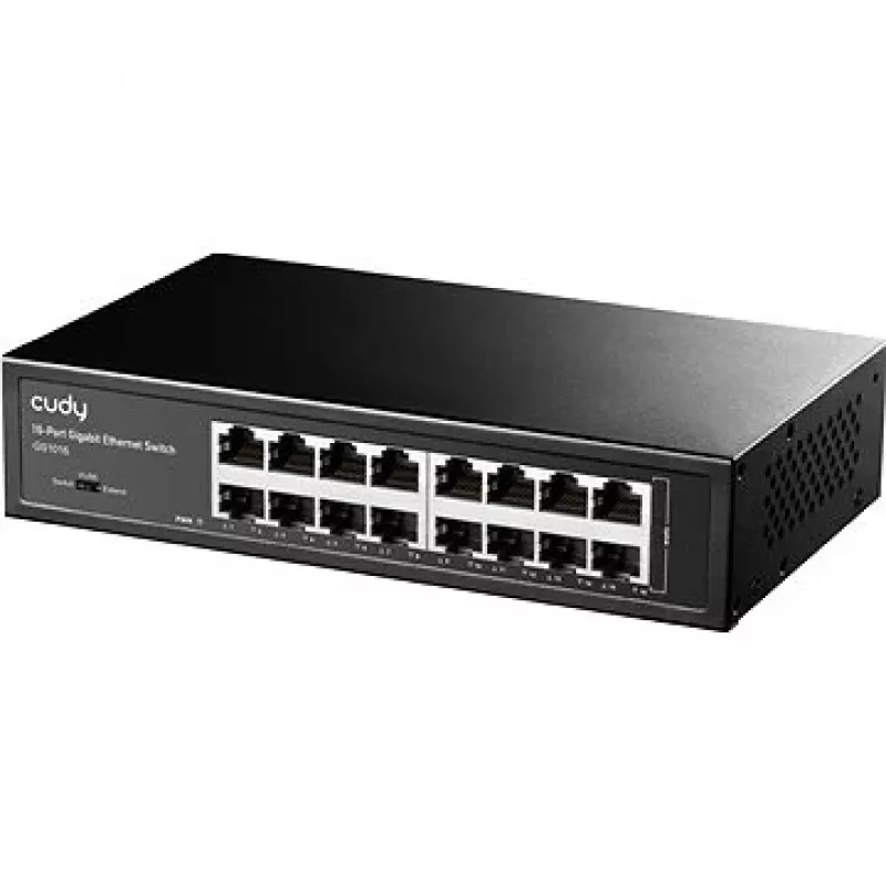 Tinklo jungiklis Cudy GS1016 — 16 prievadų Gigabit Ethernet (10/100/1000), 32 Gbit/s perjungimas, montuojamas į stelažą, maitinamas iš tinklo