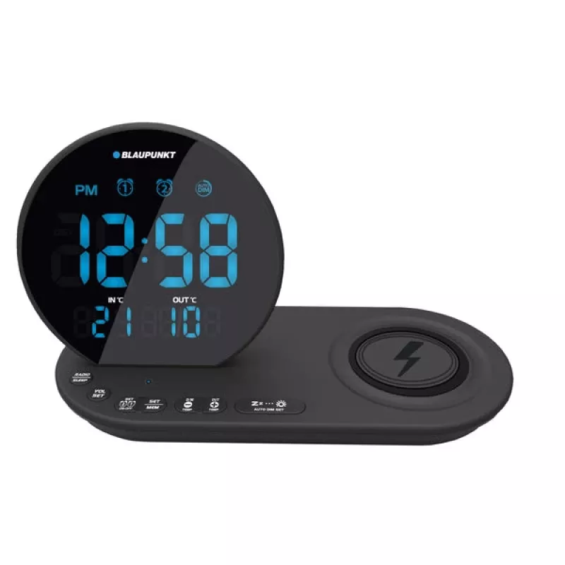 Blaupunkt CR85BK FM PLL radijo laikrodis su belaidžiu įkrovimu, USB, vidaus/lauko temperatūra, juodas