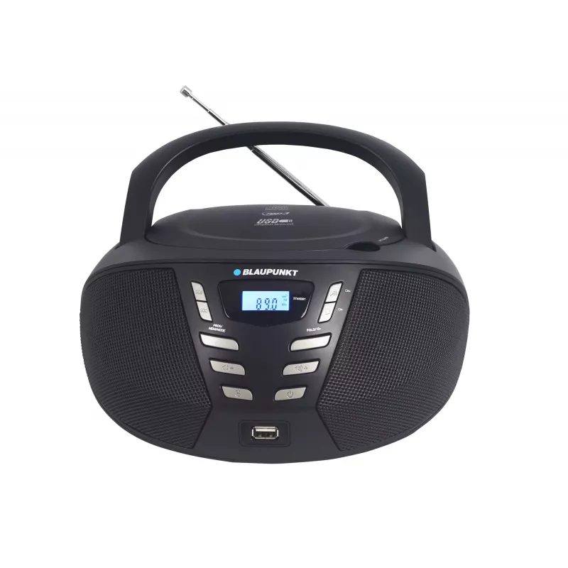 Nešiojamas CD grotuvas Blaupunkt BB7BK – MP3, FM radijas, USB, AUX, baterijomis maitinamas, 2 įmontuoti garsiakalbiai, 240×230×128 mm