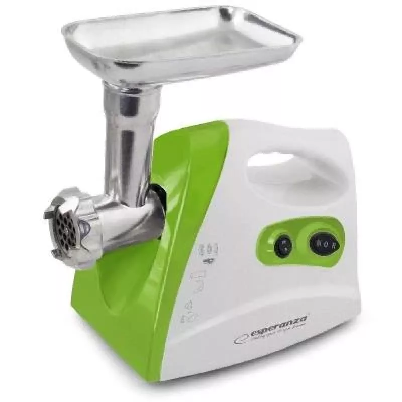 Mėsmalė ESPERANZA EKM012G — 600 W, nerūdijančio plieno peilis, dešrų antgalis, kebabo gaminimo priedas, atbulinė eiga, neslystančios kojelės, balta/žalia