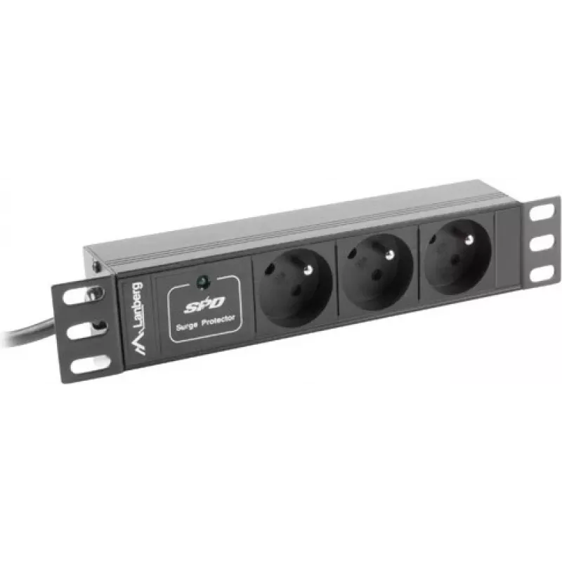 Maitinimo skirstytuvas LANBERG PDU-03E-0200-BK — 1U, 3x E tipo lizdai, 220–250 V, 16 A, 2 m laidas, juodas