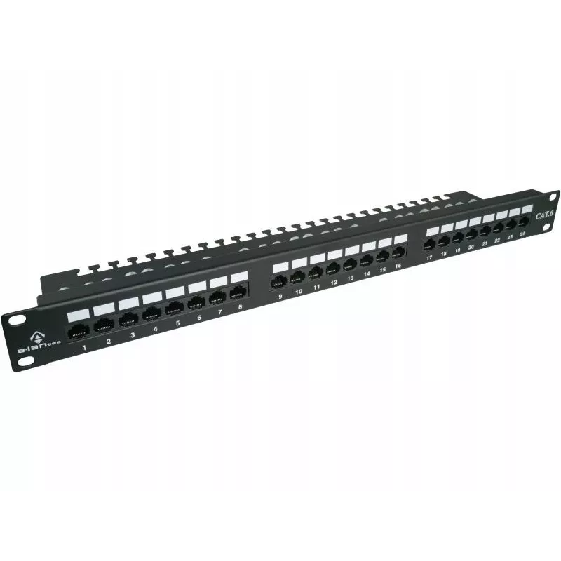 Patch panel Alantec PK001 24 prievadų UTP Cat.6 1U 19 colių – 24x RJ45, U/UTP (UTP), juodos spalvos