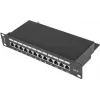 Patch panel Lanberg PPF6-9012-B — 12 prievadų RJ45, metalinis, juodas, 1U (215×44,5×130 mm)