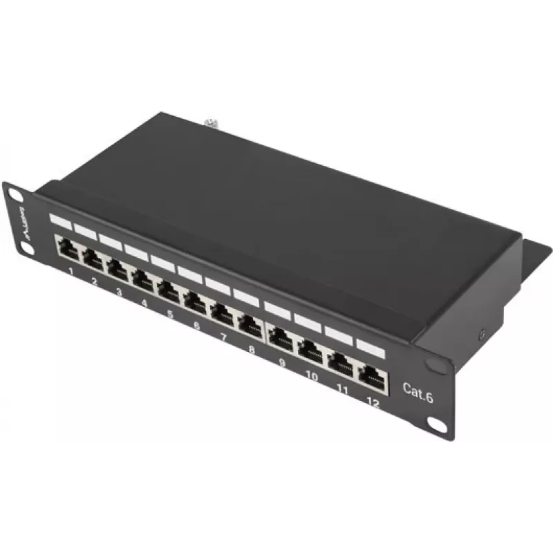 Patch panel Lanberg PPF6-9012-B — 12 prievadų RJ45, metalinis, juodas, 1U (215×44,5×130 mm)