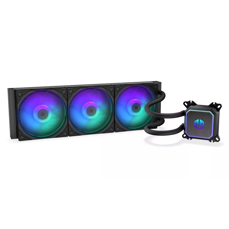 Skysčio aušintuvas ENDORFY Navis F360 ARGB Juodas – 360 mm radiatorius, 3x 120×25 mm ventiliatoriai, 250–1800 RPM, siurblys 1600–2600 RPM, LGA 1700/AM5/AM4
