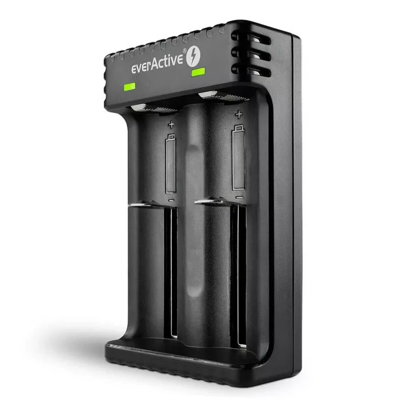 Baterijų įkroviklis everActive LC200 buitinis USB, 2 lizdai, Li-Ion, palaiko A/AA/AAA/AAAA/C/D, 5 V įėjimas, 4,2 V išėjimas, juodas