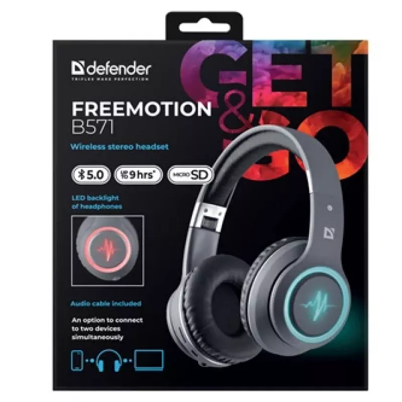 Ausinės DEFENDER FREEMOTION B571 LED belaidės dvikanalės, 4 cm tvarkyklės, 6–8 h baterija, uždaro akustinio tipo, 20–20000 Hz
