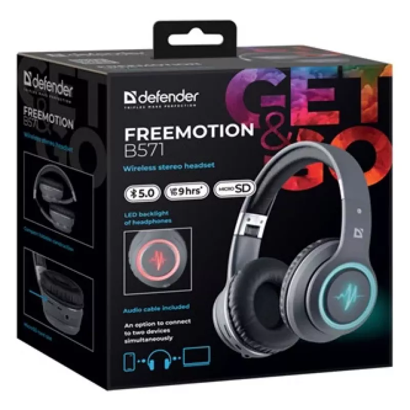 Ausinės DEFENDER FREEMOTION B571 LED belaidės dvikanalės, 4 cm tvarkyklės, 6–8 h baterija, uždaro akustinio tipo, 20–20000 Hz