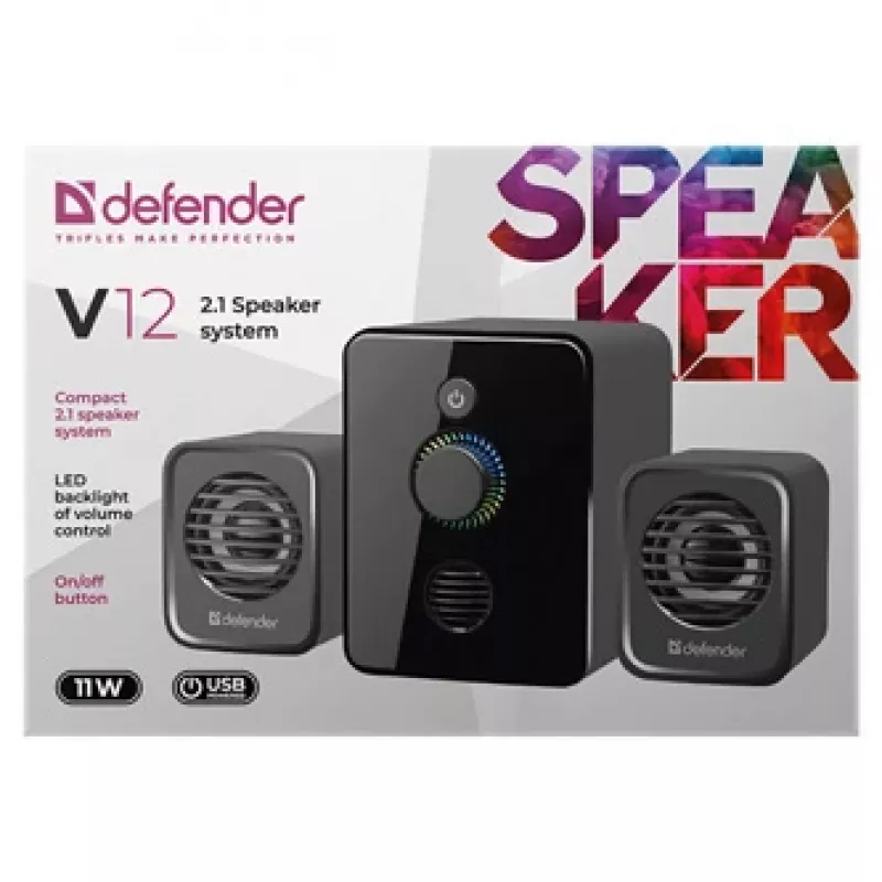 2.1 kompiuterinės garsiakalbių sistemos DEFENDER V12 11W RMS USB, 3,5 mm, žemų dažnių garsiakalbis, juoda, 223×115×130 mm