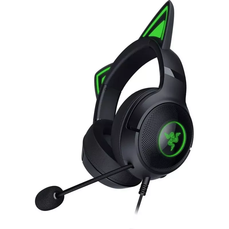 Ausinės žaidimams Razer Kraken Kitty V2 - Juodos, su kačių auselėmis ir RGB apšvietimu