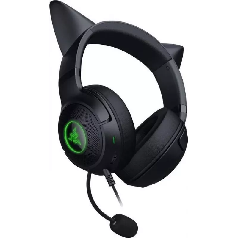 Ausinės žaidimams Razer Kraken Kitty V2 - Juodos, su kačių auselėmis ir RGB apšvietimu