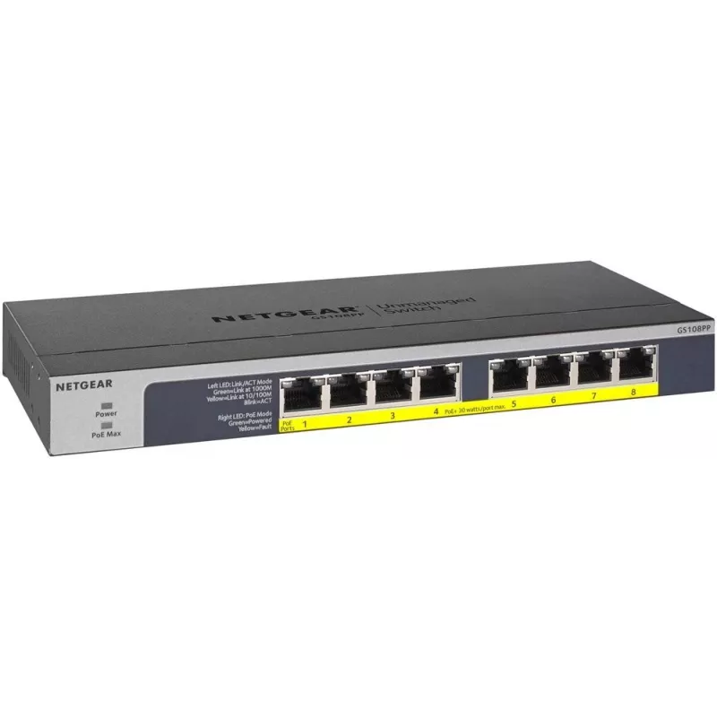 NETGEAR GS108PP nevaldomas Gigabit Ethernet (10/100/1000) jungiklis su PoE, juodas